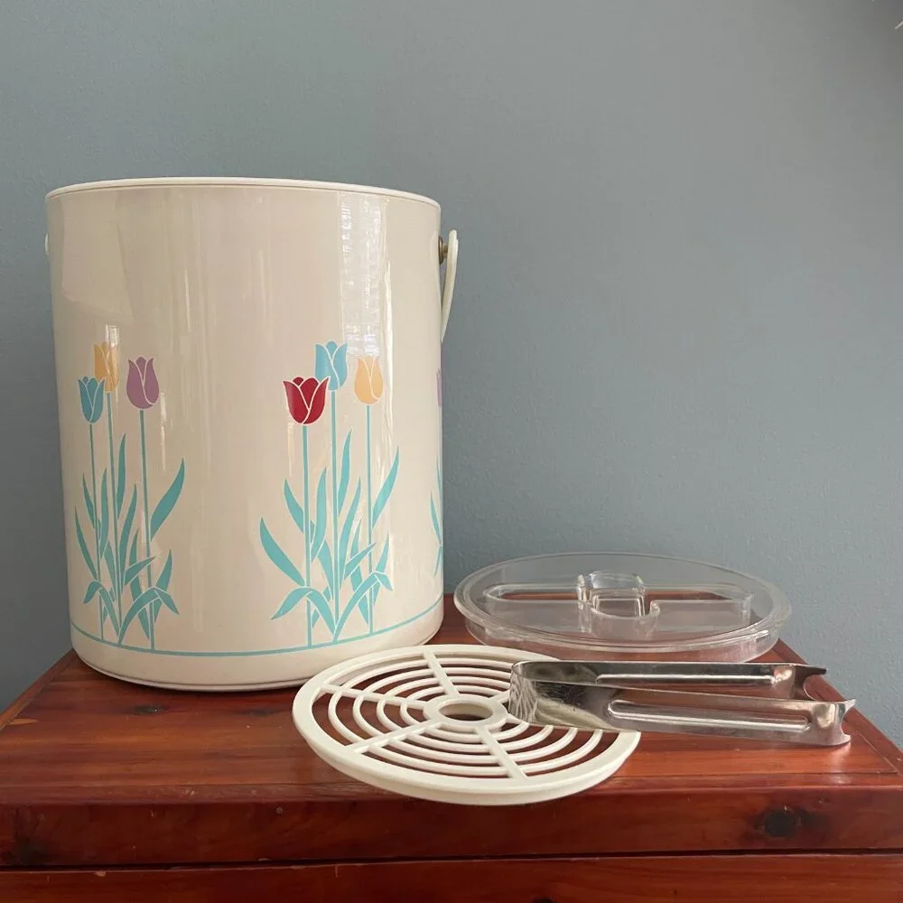 Vintage Ice Bucket Floral Tulips Pastel Tongs Tray Bar Accessory